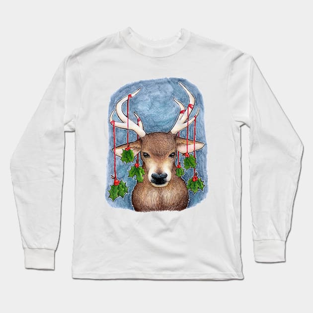 Deer with Holly Long Sleeve T-Shirt by srw110